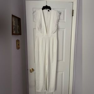 SHEIN BAE Plunging Ruffle Armhole Solid Jumpsuit